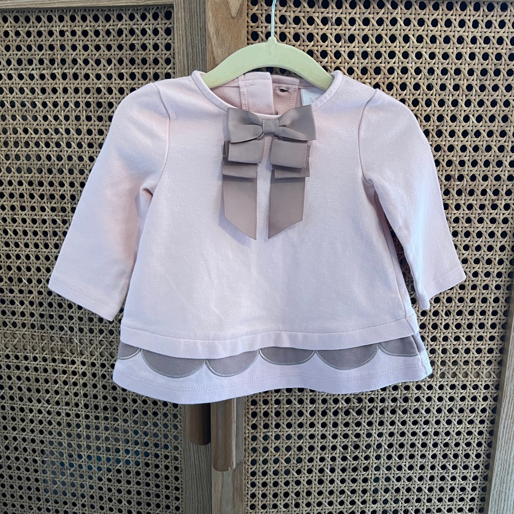 3-6m Pink Bow Trim Long Sleeve Top